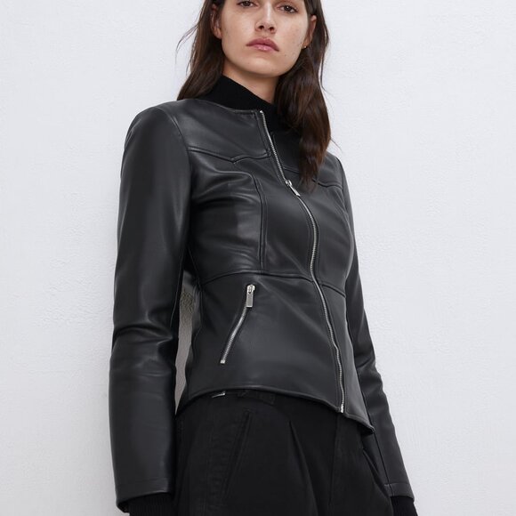 Zara Faux Black Leather Motto Collarless Women's Jacket, NWT, M - Picture 1 of 16